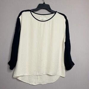 Rag & Bone Crepe Ivory Boxy Top Semi Sheer 3/4 Black Sleeves Blouse‎ Size Small